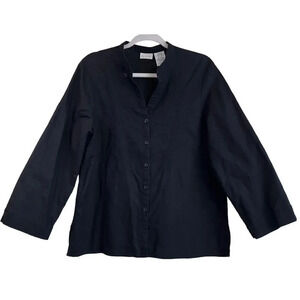 White StageWomens L(12-14)Black LinenBlendEmbroidery Stitch VNeck Casual Blouse